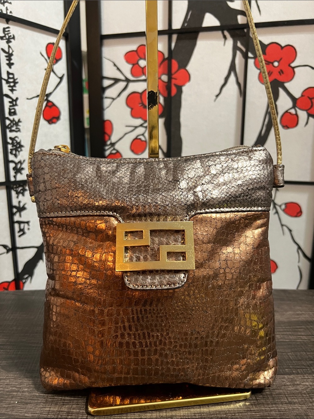 Cache Metallic Bronze & Gunmetal Croc-Effect Crossbody Bag